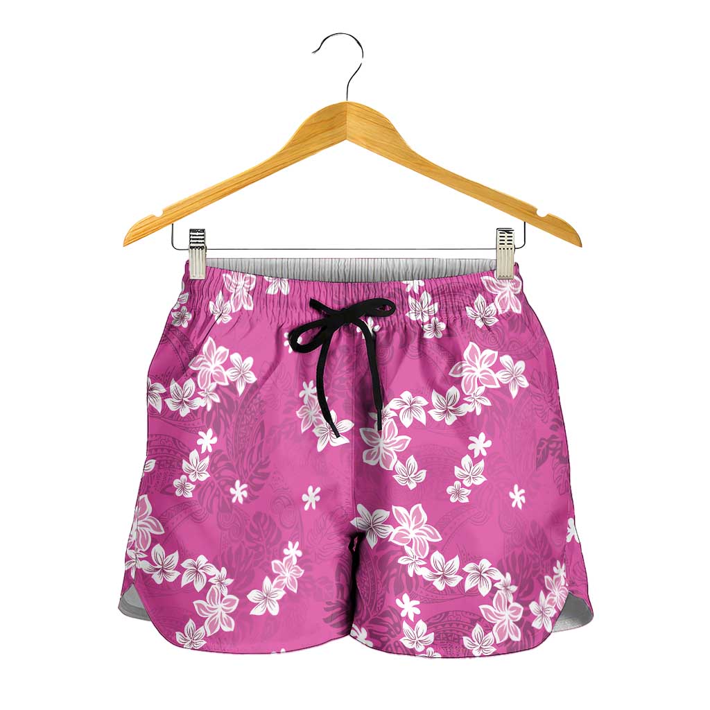 Hawaii Monstera Deliciosa Shorts for Women Pink Plumeria Polynesian Pattern LT05 - Polynesian Pride