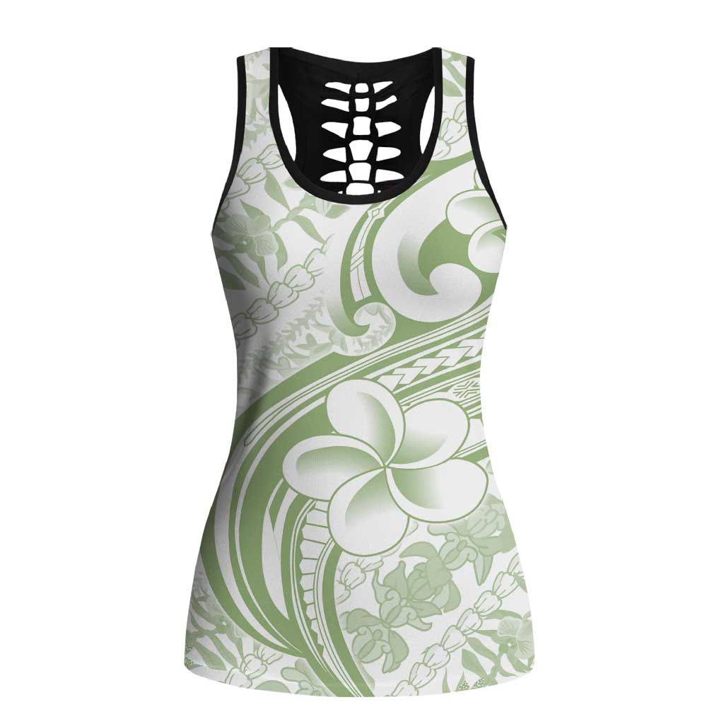 Hawaii Plumeria Lokelani Pikake Lei Hollow Tank Top Oma'oma'o Polynesian Tattoo LT9 Female Green - Polynesian Pride