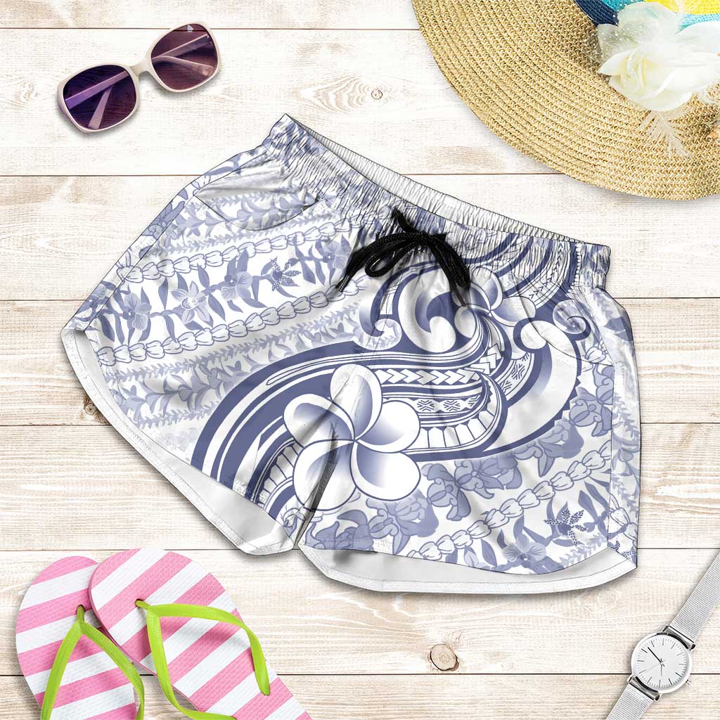 Hawaii Plumeria Lokelani Pikake Lei Shorts for Women Navy Blue Polynesian Tattoo LT9 Navy Blue - Polynesian Pride