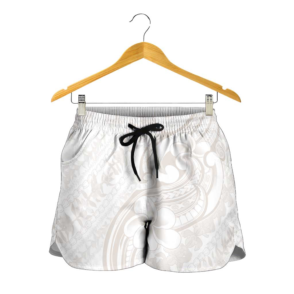 Hawaii Plumeria Lokelani Pikake Lei Shorts for Women Sandy Beige Polynesian Tattoo