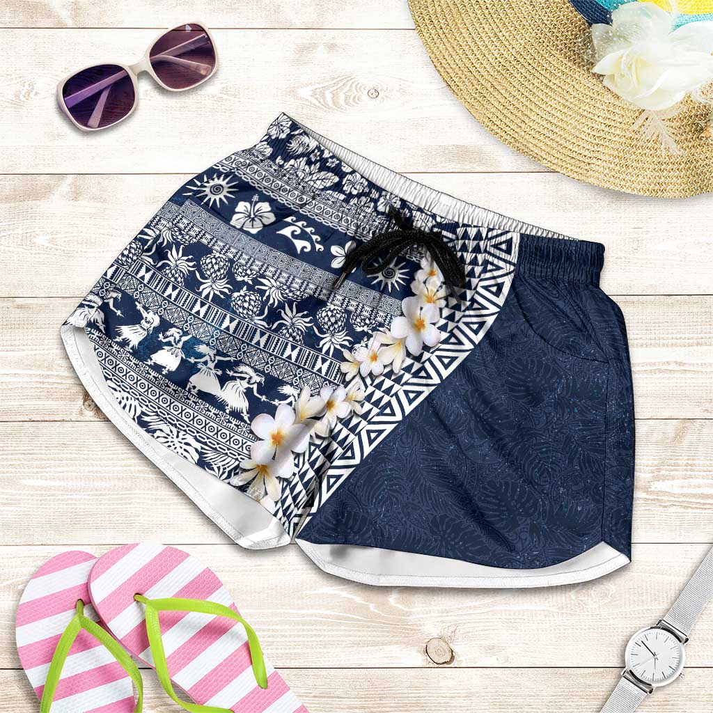 Hawaii Plumeria Tribal Vintage Shorts for Women Special Blue LT03 Blue - Polynesian Pride