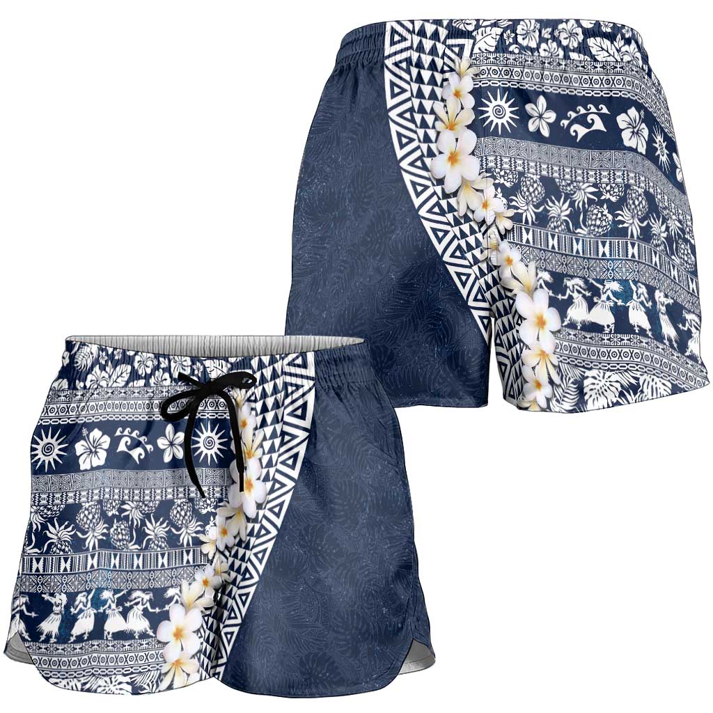 Hawaii Plumeria Tribal Vintage Shorts for Women Special Blue LT03 - Polynesian Pride