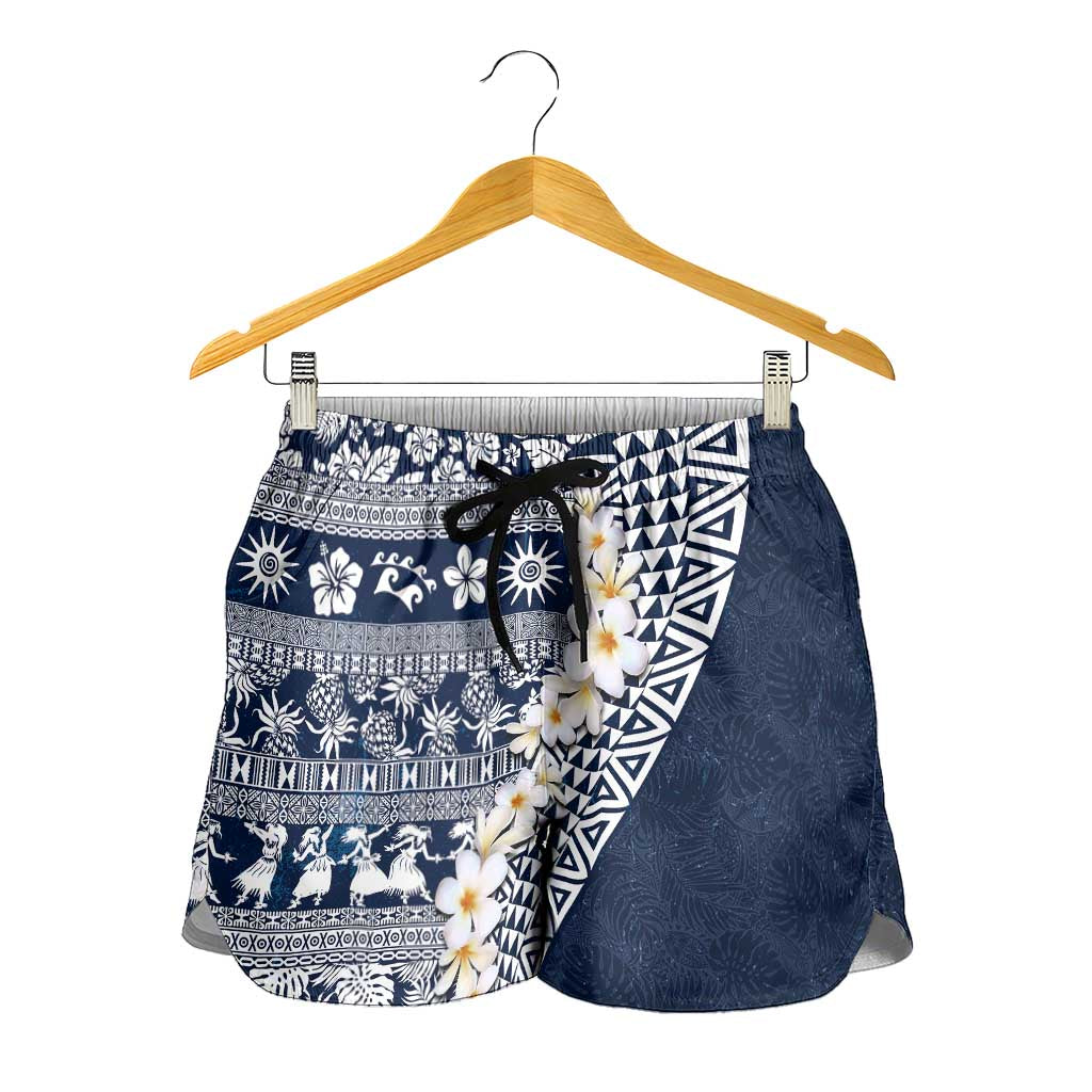 Hawaii Plumeria Tribal Vintage Shorts for Women Special Blue LT03 - Polynesian Pride