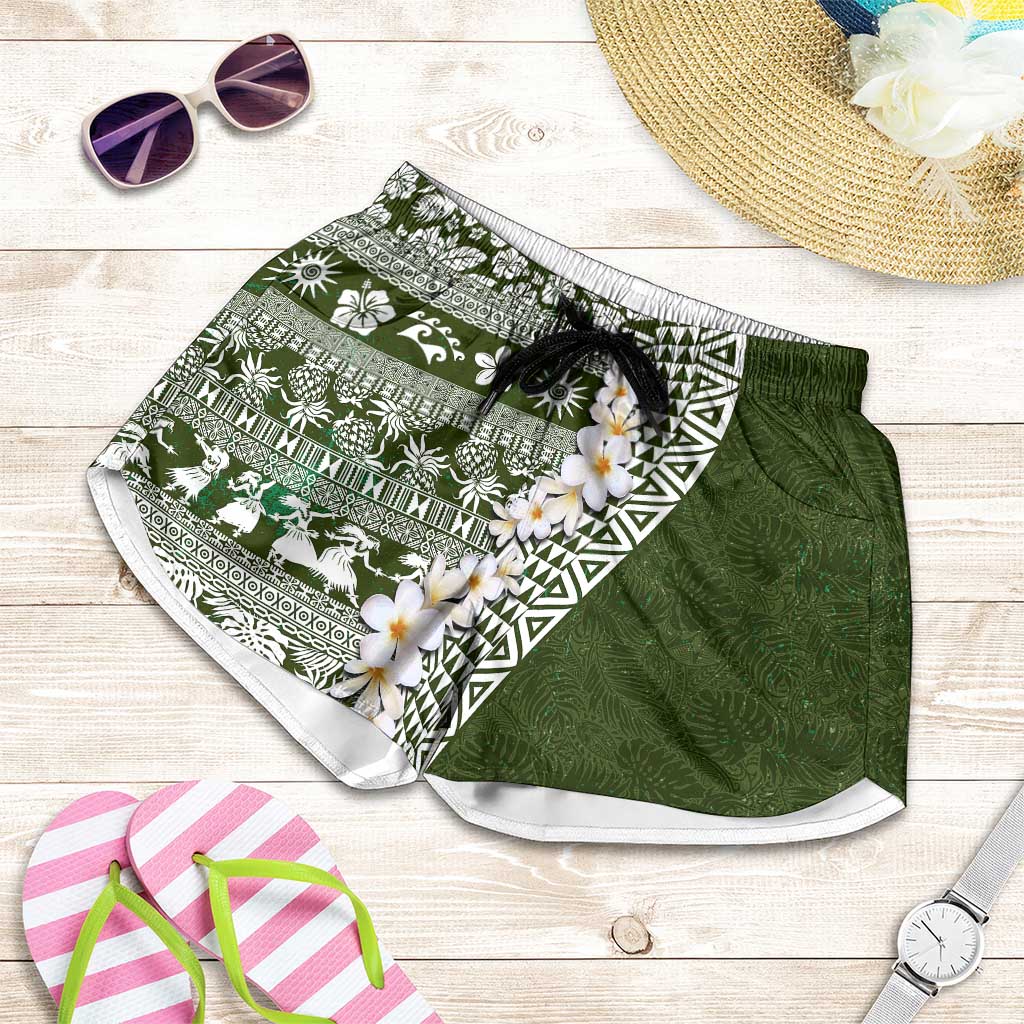 Hawaii Plumeria Tribal Vintage Shorts for Women Special Green LT03 Green - Polynesian Pride