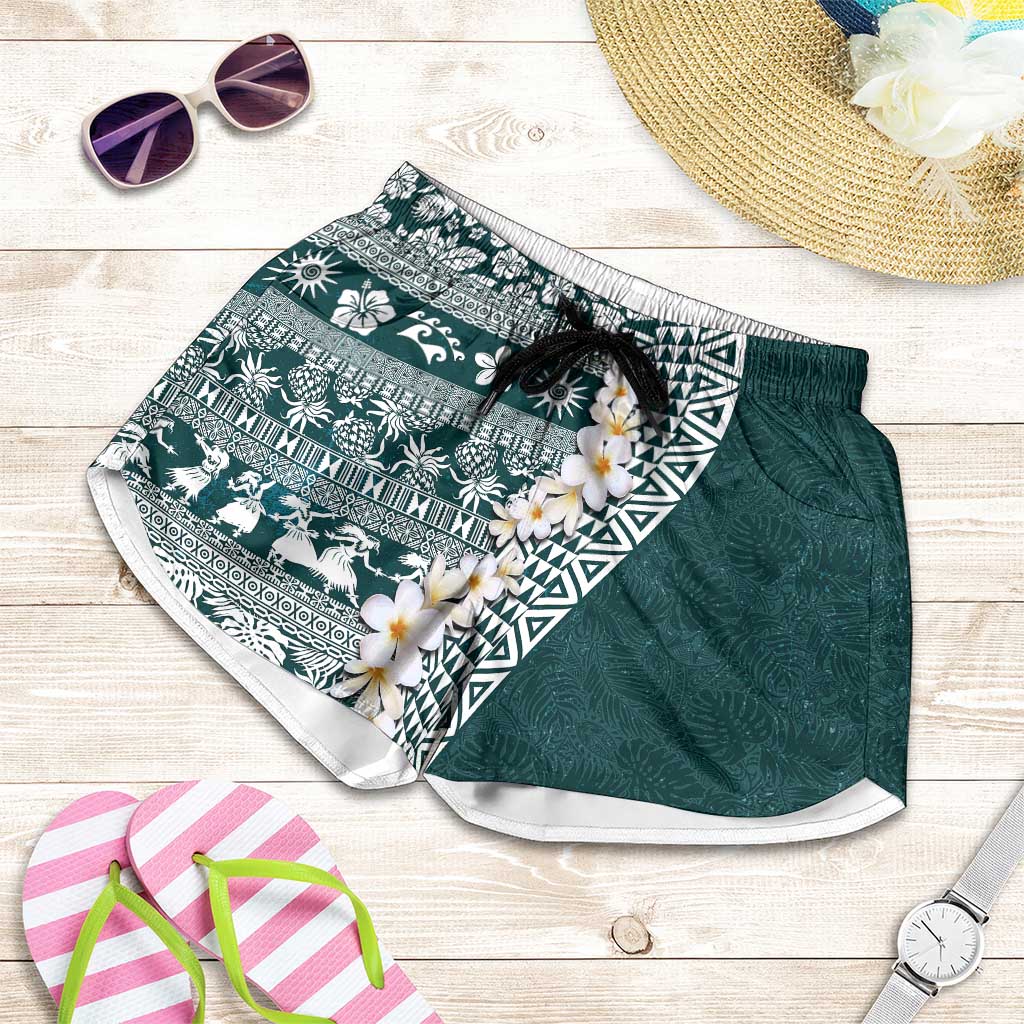 Hawaii Plumeria Tribal Vintage Shorts for Women Special Turquoise LT03 Turquoise - Polynesian Pride