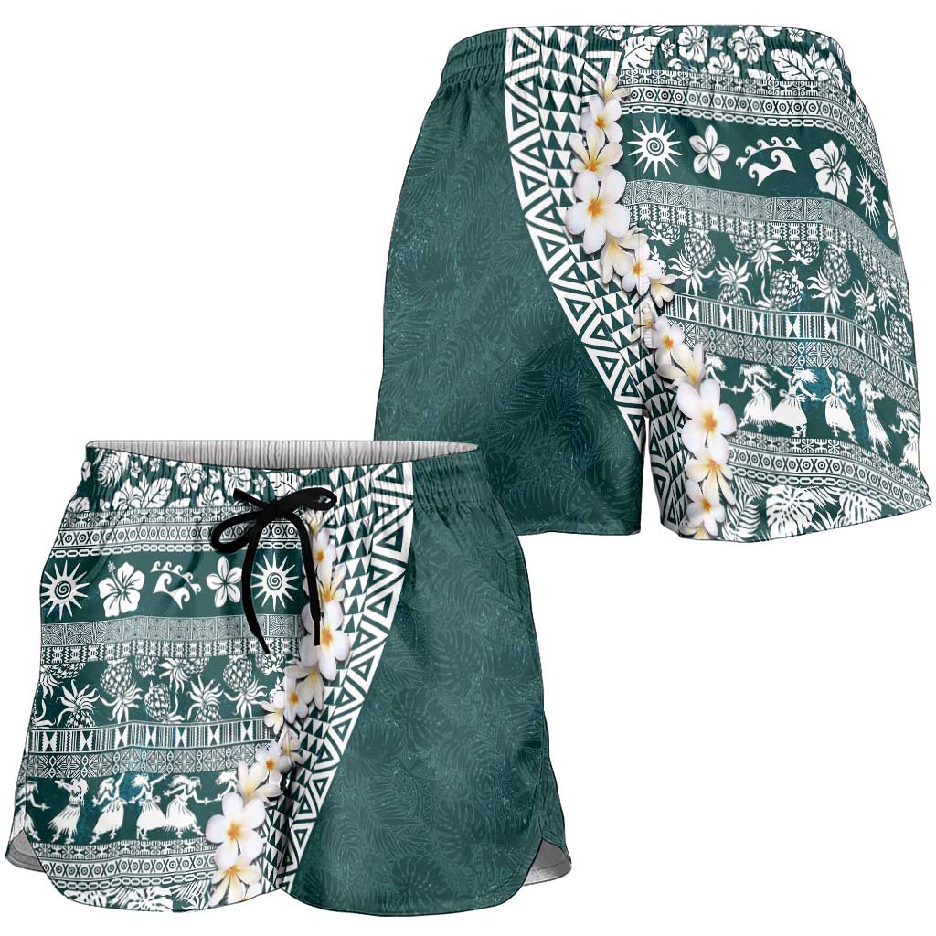 Hawaii Plumeria Tribal Vintage Shorts for Women Special Turquoise LT03 - Polynesian Pride