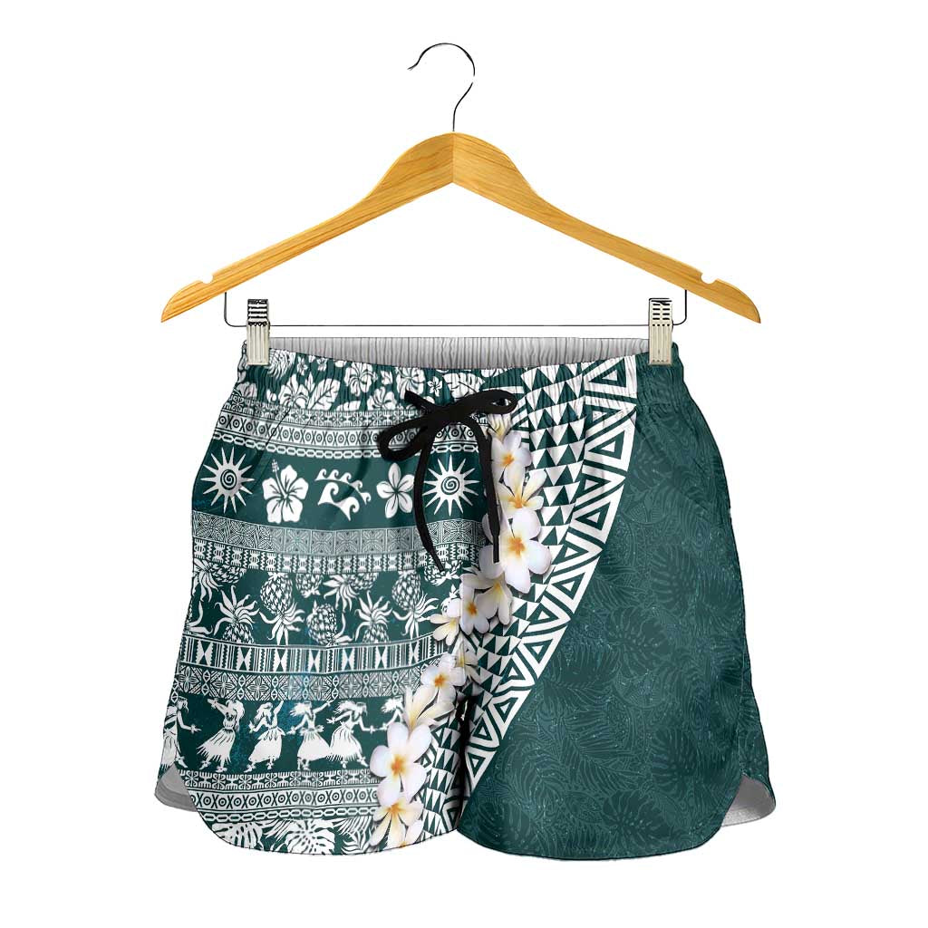 Hawaii Plumeria Tribal Vintage Shorts for Women Special Turquoise LT03 - Polynesian Pride