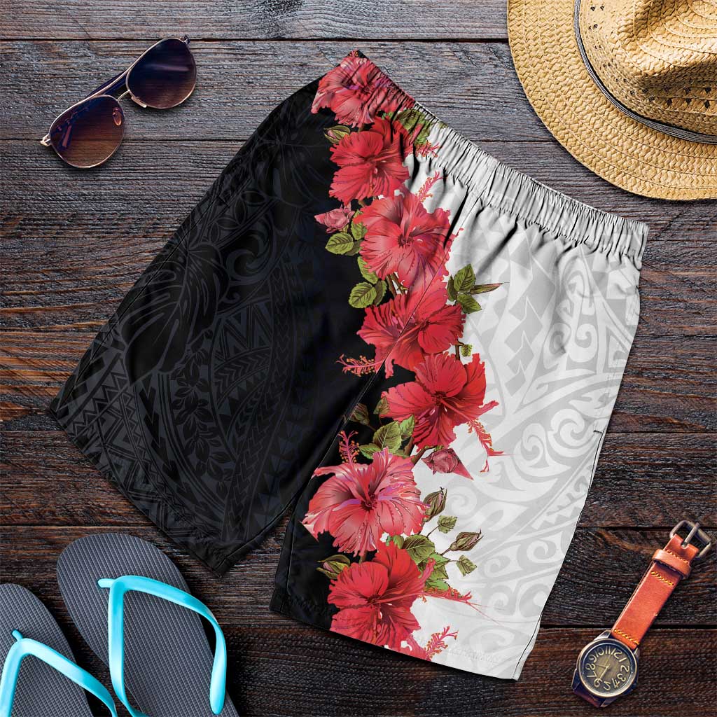 Hawaii Red Hibiscus Flowers Shorts for Men Polynesian Pattern Half Black White Version LT03 Black - Polynesian Pride