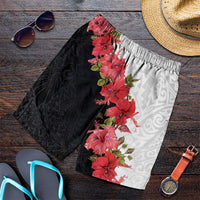 Hawaii Red Hibiscus Flowers Shorts for Men Polynesian Pattern Half Black White Version LT03 Black - Polynesian Pride