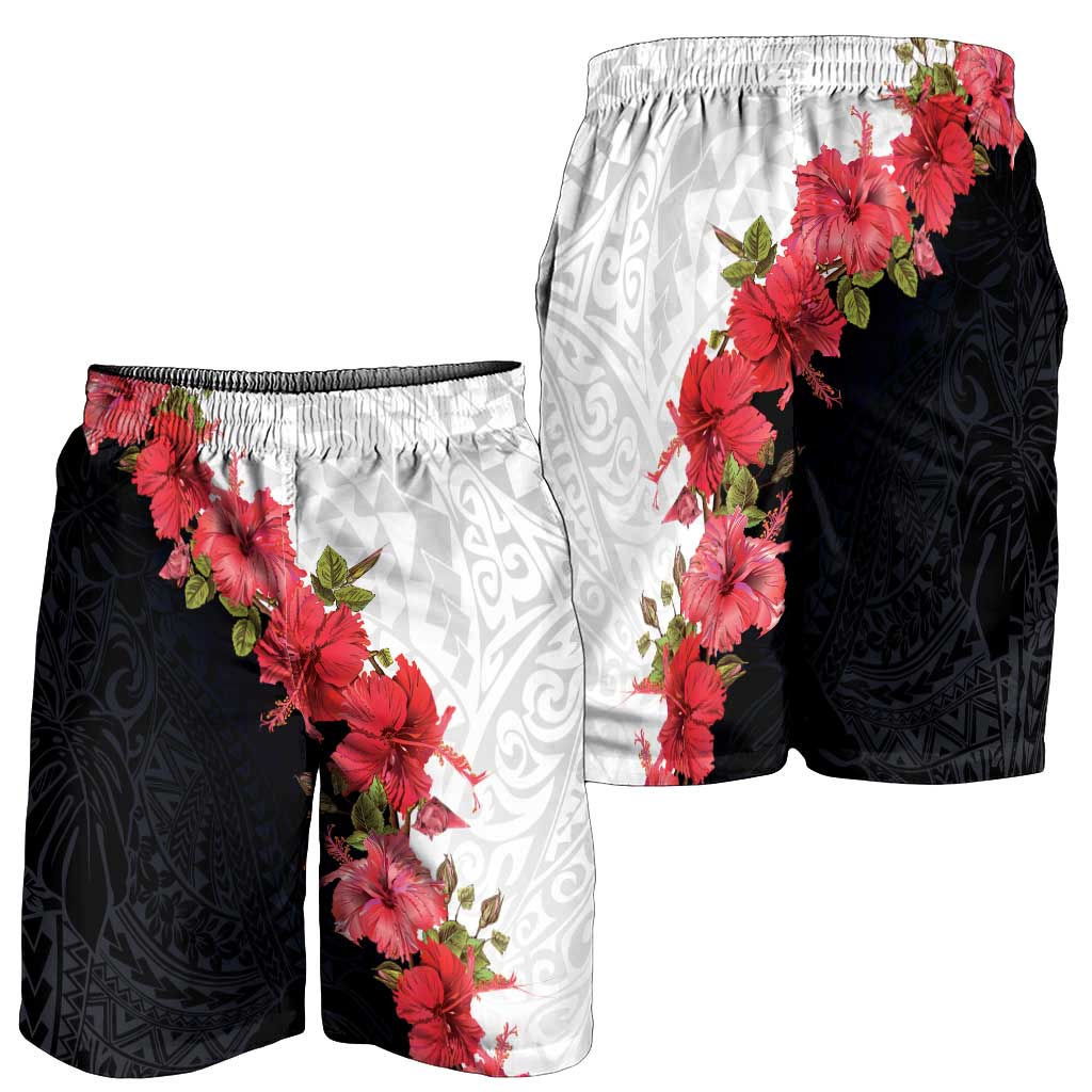 Hawaii Red Hibiscus Flowers Shorts for Men Polynesian Pattern Half Black White Version LT03 - Polynesian Pride