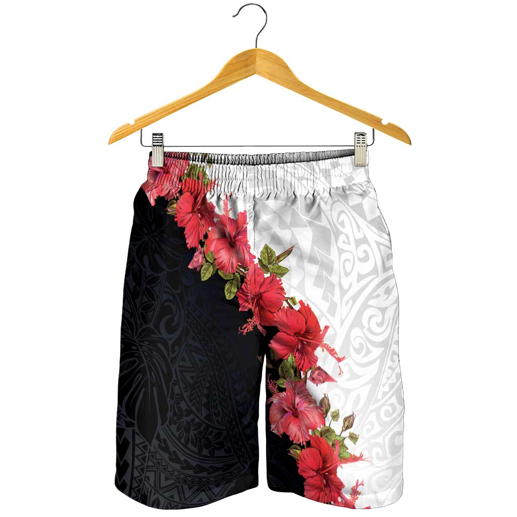 Hawaii Red Hibiscus Flowers Shorts for Men Polynesian Pattern Half Black White Version LT03 - Polynesian Pride