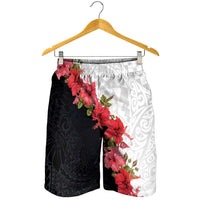 Hawaii Red Hibiscus Flowers Shorts for Men Polynesian Pattern Half Black White Version LT03 - Polynesian Pride
