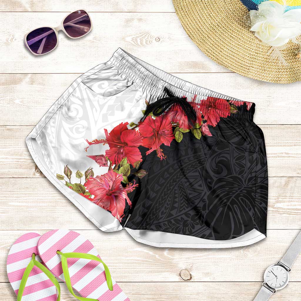Hawaii Red Hibiscus Flowers Shorts for Women Polynesian Pattern Half Black White Version LT03 Black - Polynesian Pride