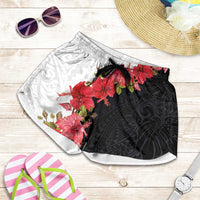 Hawaii Red Hibiscus Flowers Shorts for Women Polynesian Pattern Half Black White Version LT03 Black - Polynesian Pride