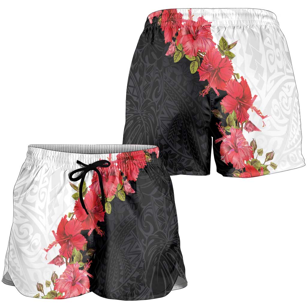 Hawaii Red Hibiscus Flowers Shorts for Women Polynesian Pattern Half Black White Version LT03 - Polynesian Pride