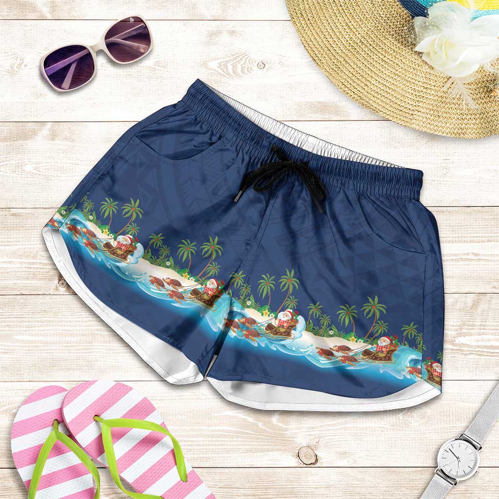 Hawaii Santa Riding Sea Turtle Shorts for Women Mele Kalikimaka Polynesian Pattern LT01 Blue - Polynesian Pride