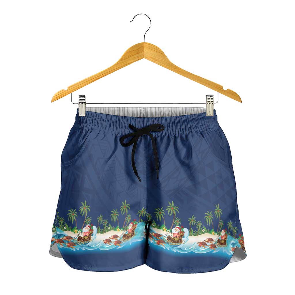 Hawaii Santa Riding Sea Turtle Shorts for Women Mele Kalikimaka Polynesian Pattern LT01 - Polynesian Pride