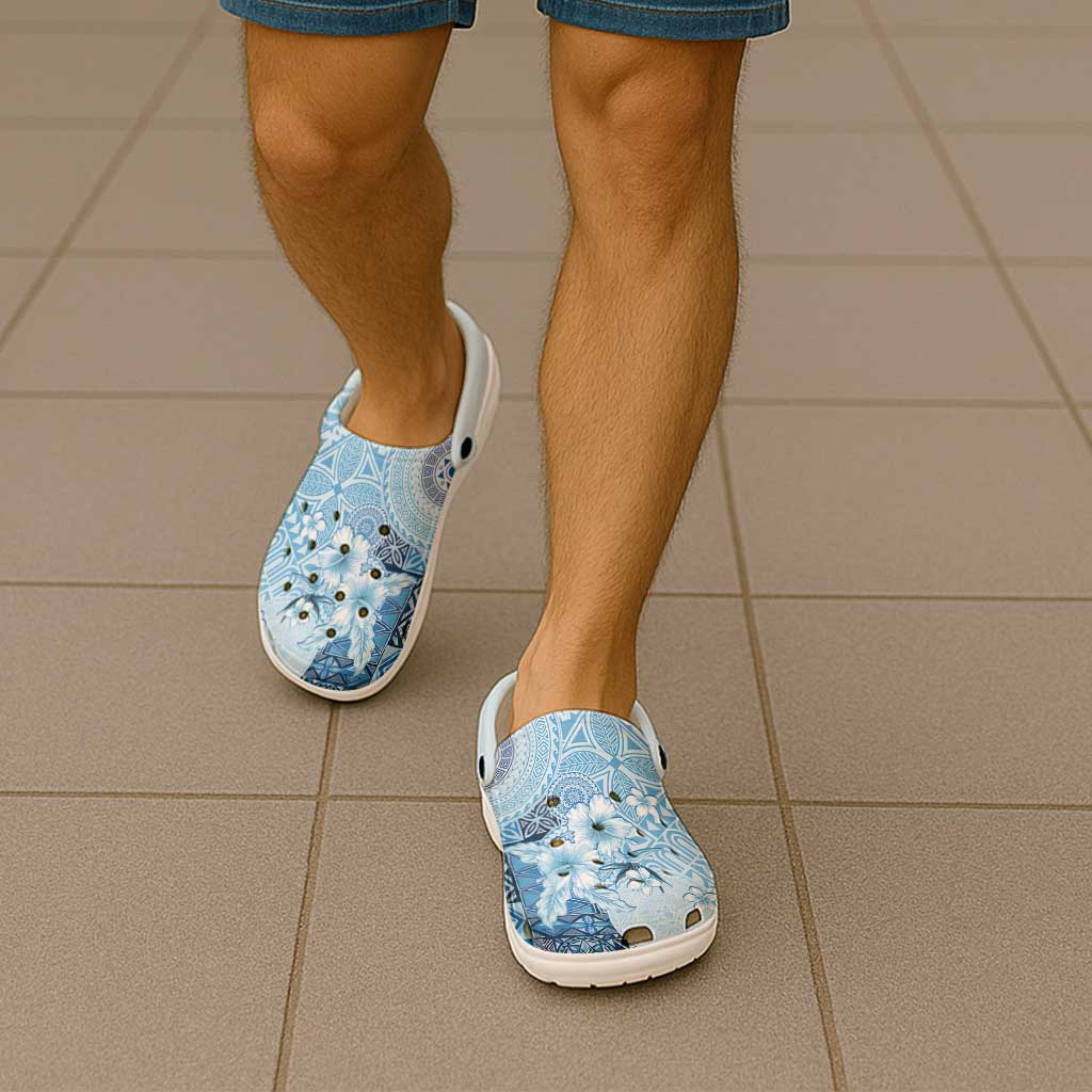 Hawaii Tapa Pattern With Blue Hibiscus Clogs Shoes - Polynesian Pride