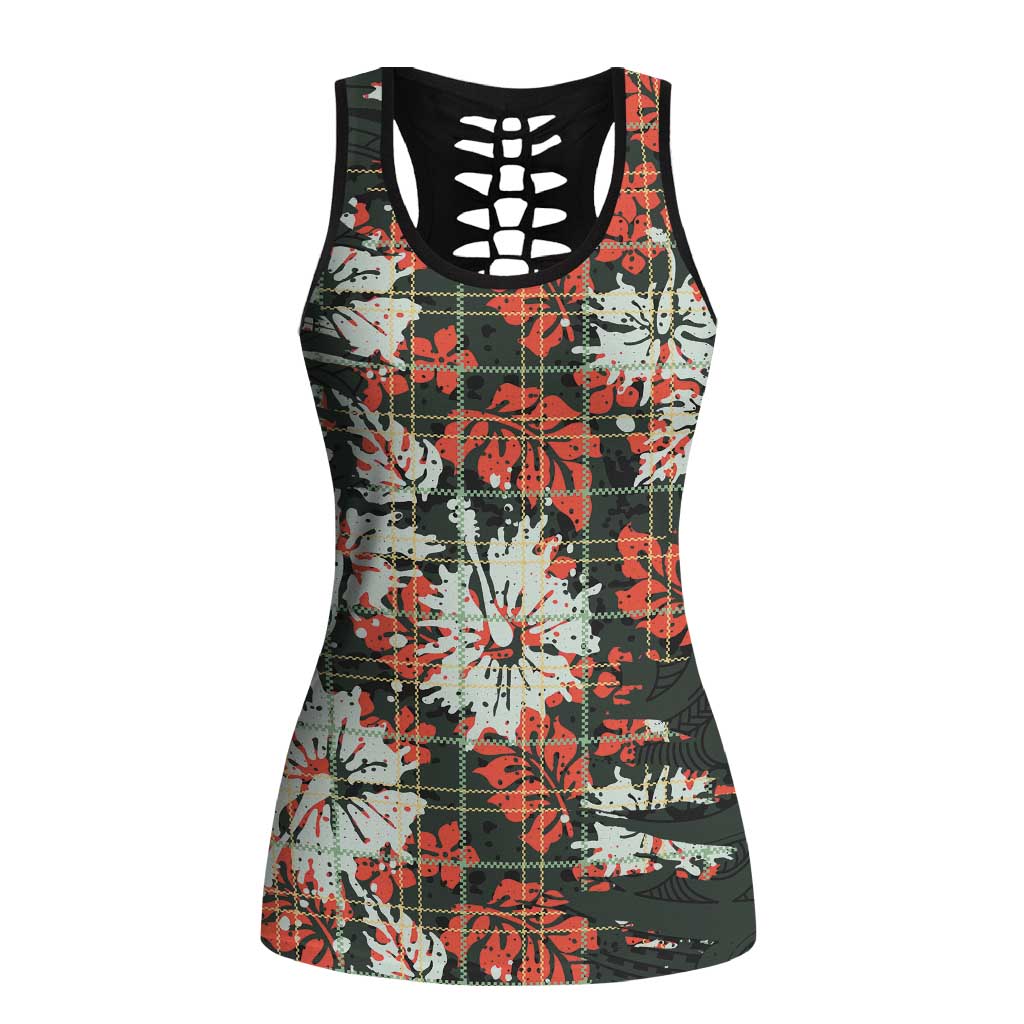 Hawaii Tartan With Hibiscus Hollow Tank Top Polynesian Pattern Vintage LT9 Female Dark Green - Polynesian Pride