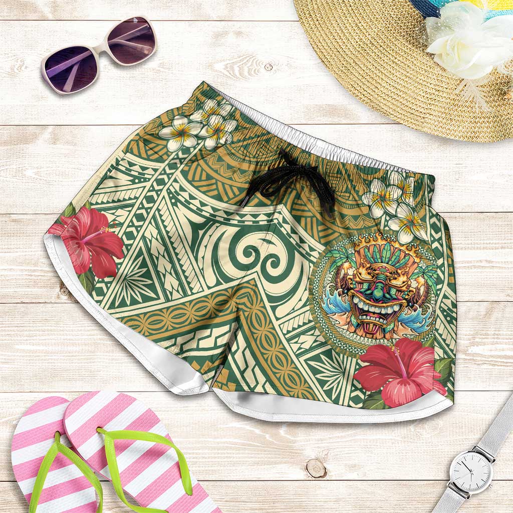 Hawaii Tiki Mask Shorts for Women Mele Kalikimaka i Iulai! LT9 Green - Polynesian Pride