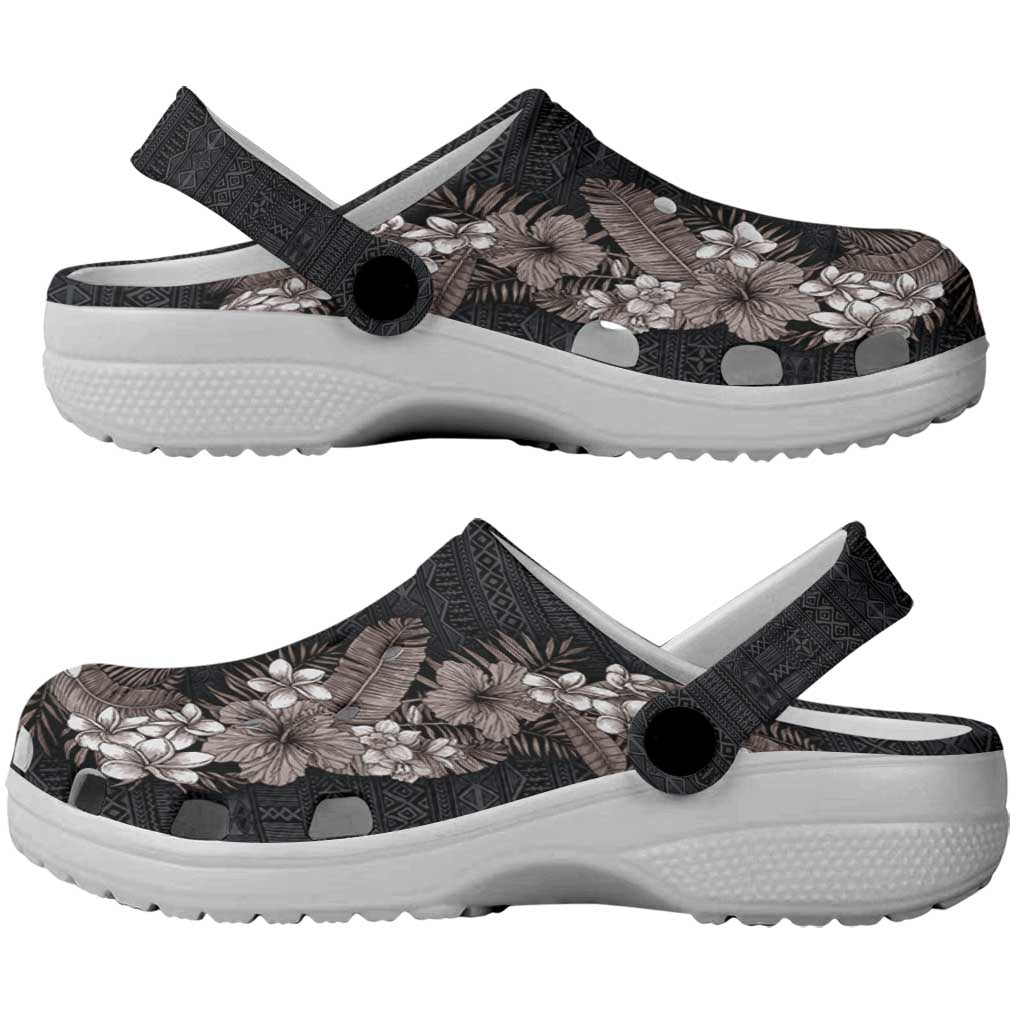 Hawaii Tropical Flowers and Leaves Clogs Shoes Tapa Pattern Grayscale Mode LT03 - Polynesian Pride