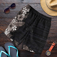 Hawaii Tropical Flowers and Leaves Shorts for Men Tapa Pattern Grayscale Mode LT03 Grey - Polynesian Pride