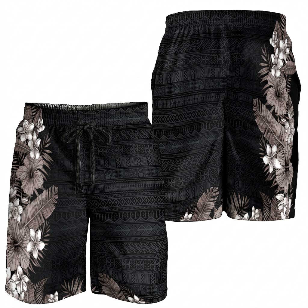 Hawaii Tropical Flowers and Leaves Shorts for Men Tapa Pattern Grayscale Mode LT03 - Polynesian Pride