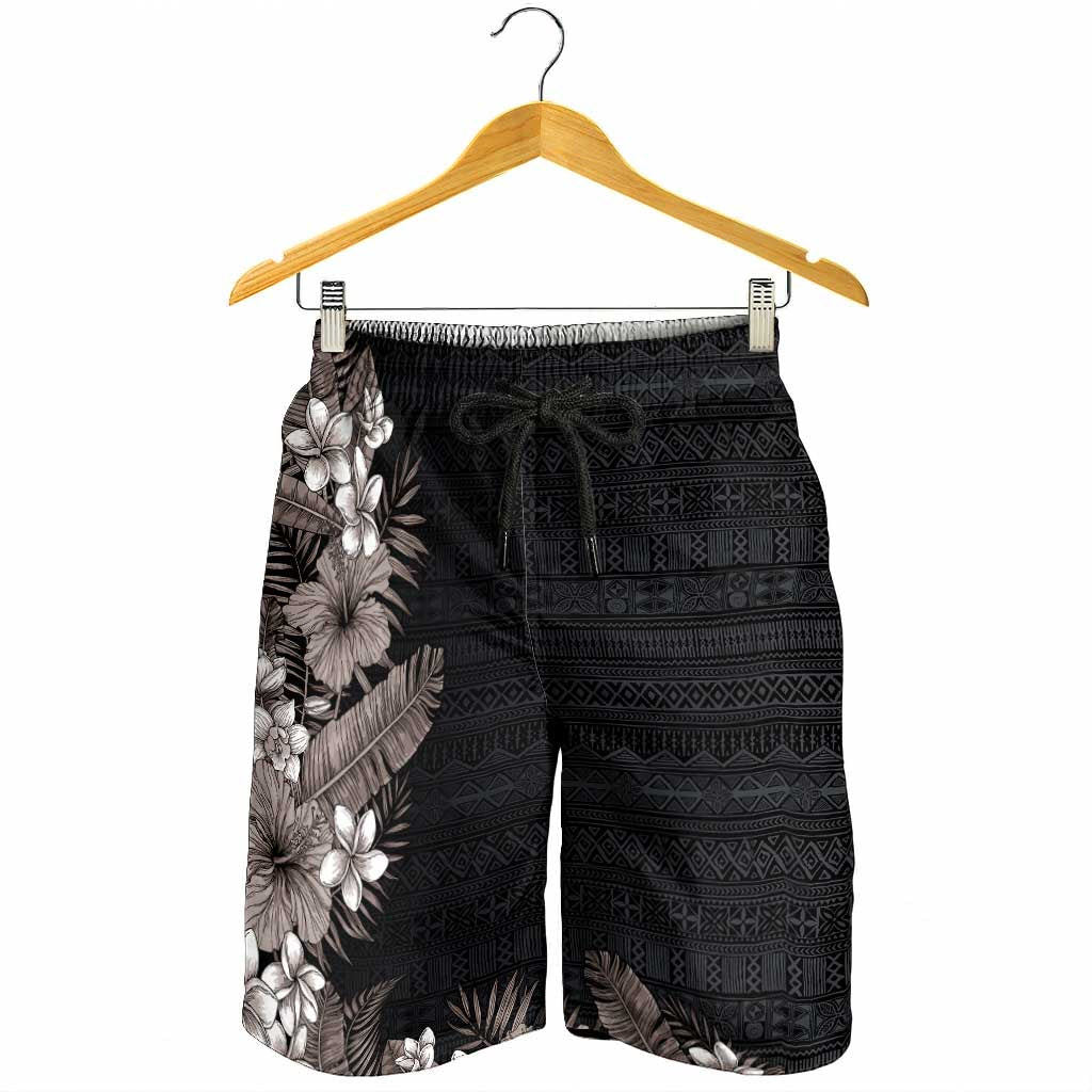 Hawaii Tropical Flowers and Leaves Shorts for Men Tapa Pattern Grayscale Mode LT03 - Polynesian Pride