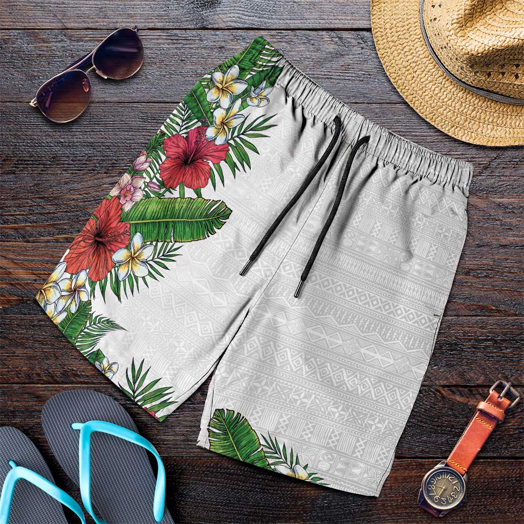 Hawaii Tropical Flowers and Leaves Shorts for Men Tapa Pattern White Mode LT03 White - Polynesian Pride