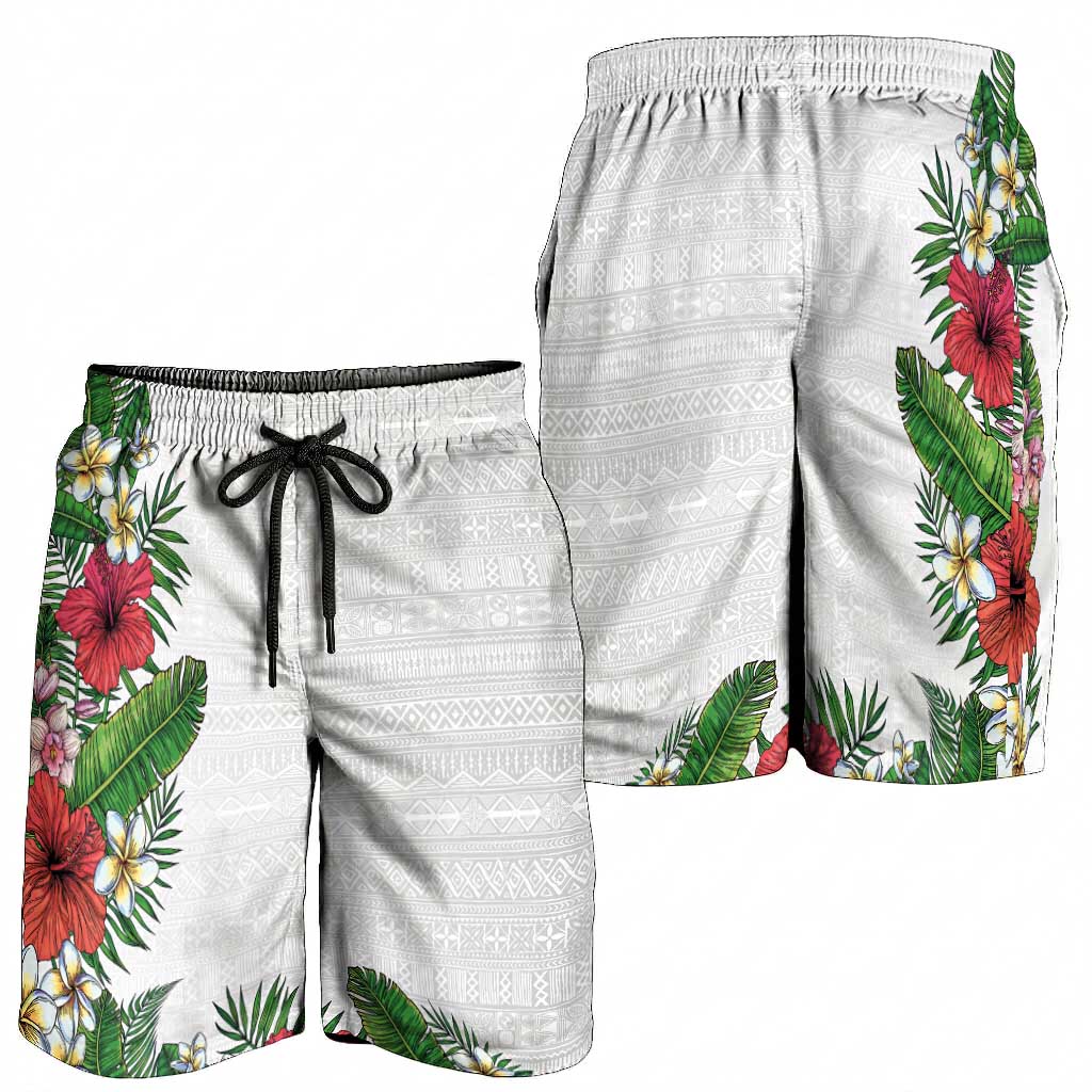 Hawaii Tropical Flowers and Leaves Shorts for Men Tapa Pattern White Mode LT03 - Polynesian Pride
