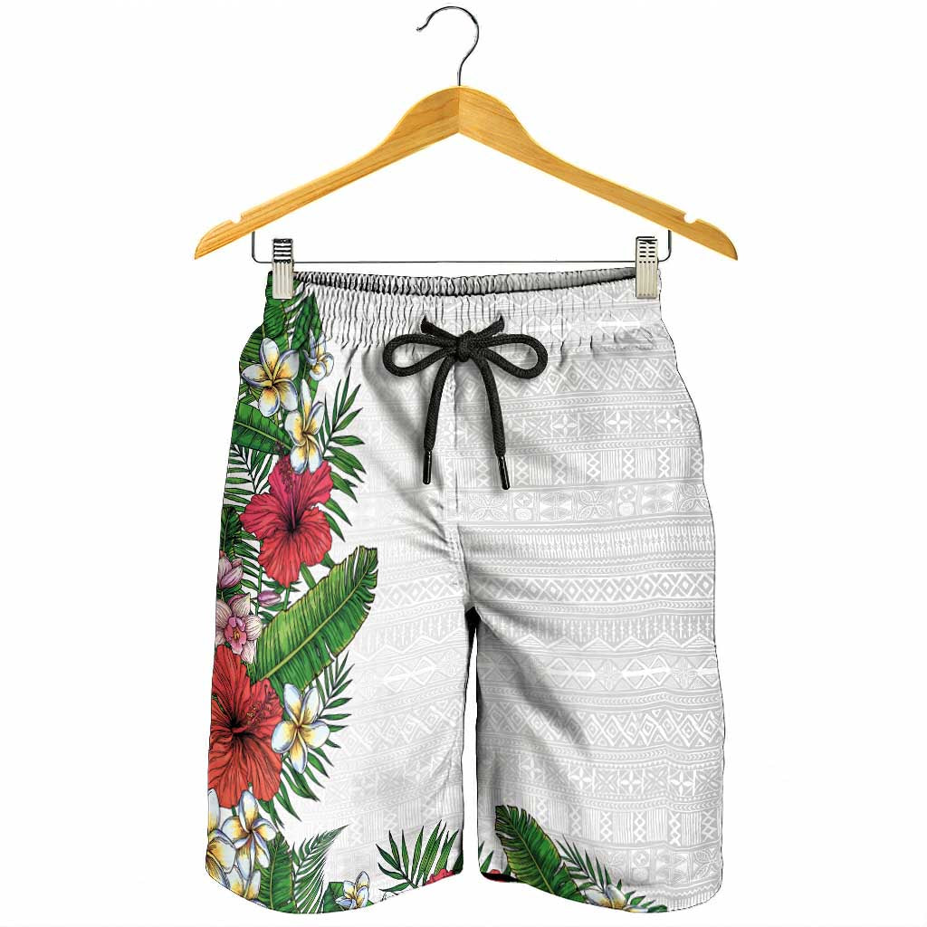 Hawaii Tropical Flowers and Leaves Shorts for Men Tapa Pattern White Mode LT03 - Polynesian Pride