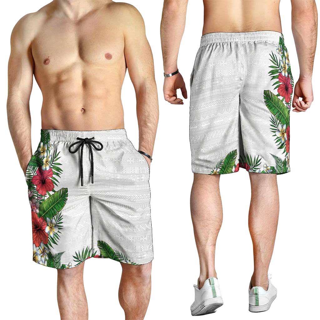 Hawaii Tropical Flowers and Leaves Shorts for Men Tapa Pattern White Mode LT03 - Polynesian Pride