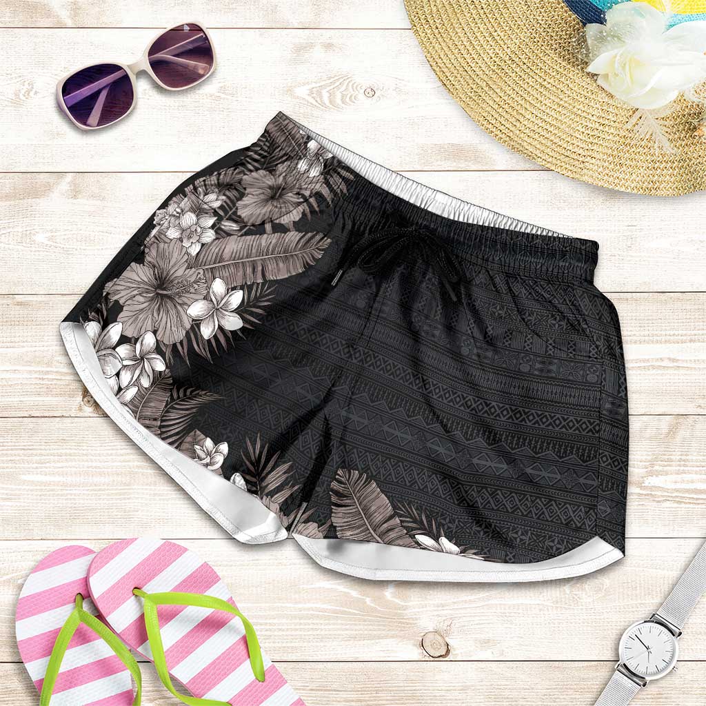 Hawaii Tropical Flowers and Leaves Shorts for Women Tapa Pattern Grayscale Mode LT03 Grey - Polynesian Pride