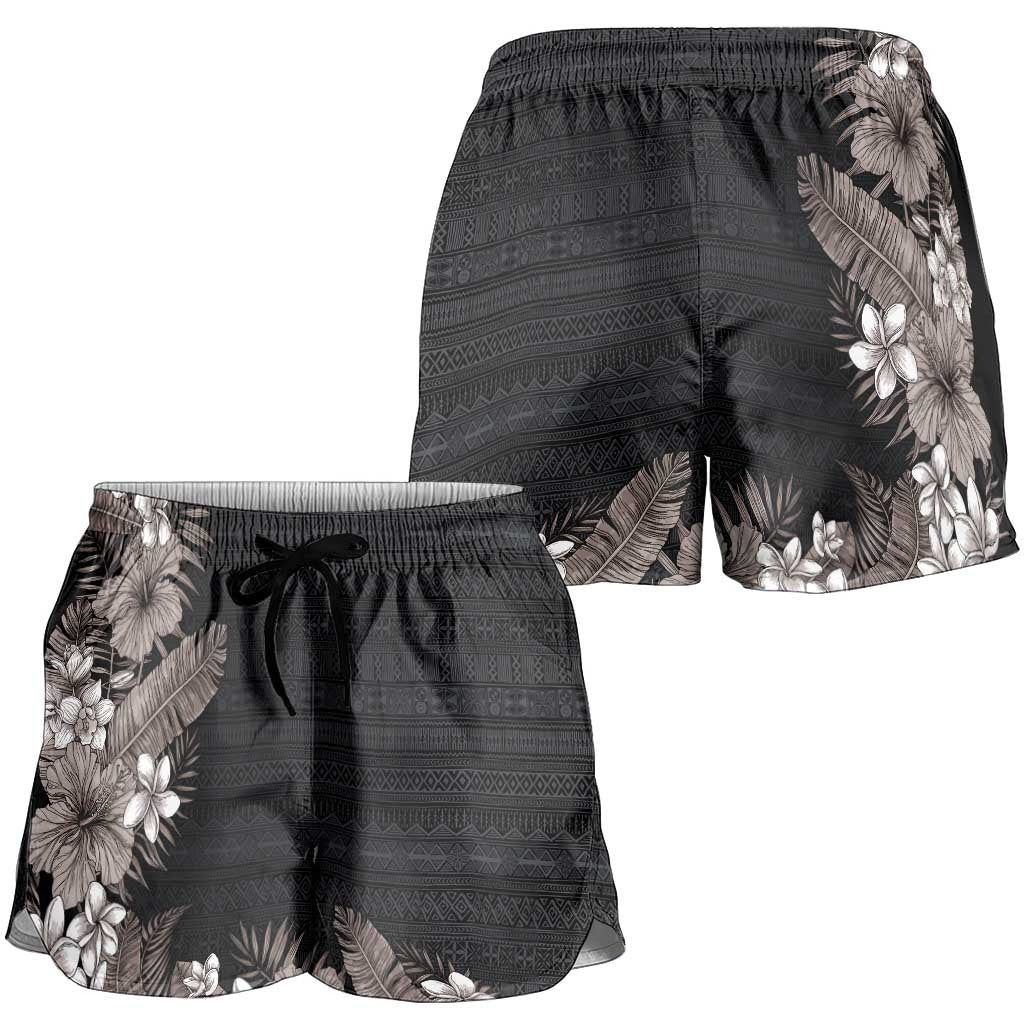 Hawaii Tropical Flowers and Leaves Shorts for Women Tapa Pattern Grayscale Mode LT03 - Polynesian Pride