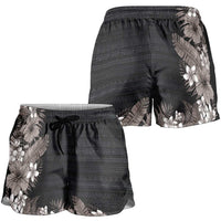 Hawaii Tropical Flowers and Leaves Shorts for Women Tapa Pattern Grayscale Mode LT03 - Polynesian Pride