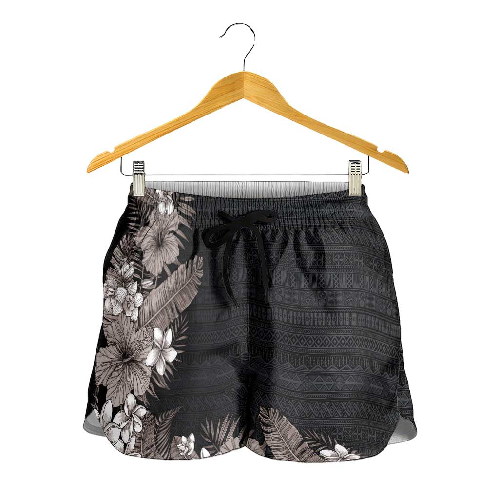Hawaii Tropical Flowers and Leaves Shorts for Women Tapa Pattern Grayscale Mode LT03 - Polynesian Pride