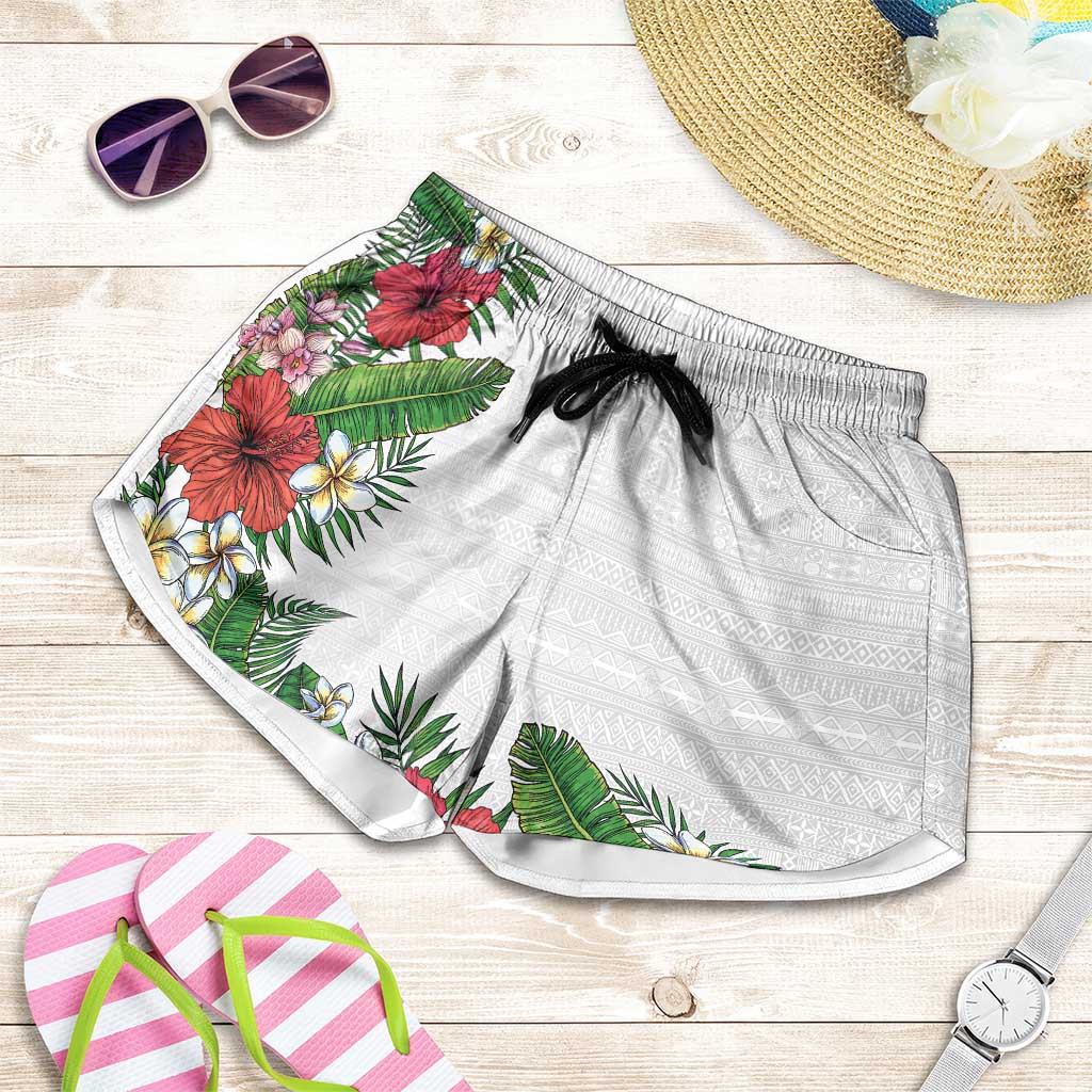 Hawaii Tropical Flowers and Leaves Shorts for Women Tapa Pattern White Mode LT03 White - Polynesian Pride