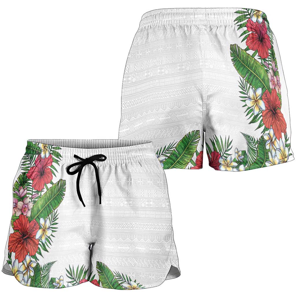 Hawaii Tropical Flowers and Leaves Shorts for Women Tapa Pattern White Mode LT03 - Polynesian Pride
