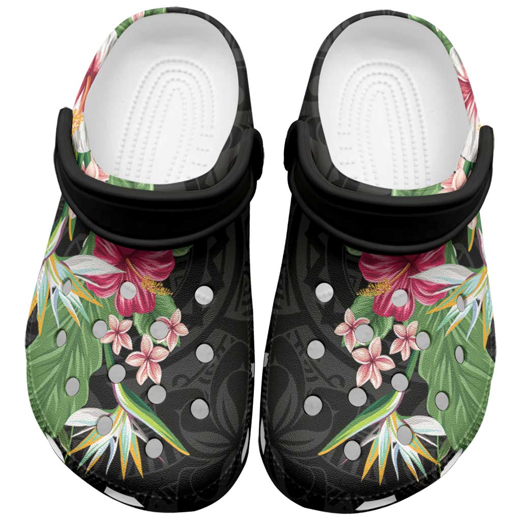 Hawaii Tropical Flowers Clogs Shoes Polynesian Tattoo Black LT05 Black - Polynesian Pride