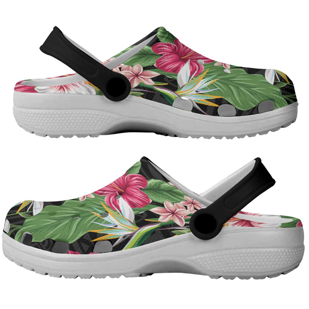 Hawaii Tropical Flowers Clogs Shoes Polynesian Tattoo Black LT05 - Polynesian Pride