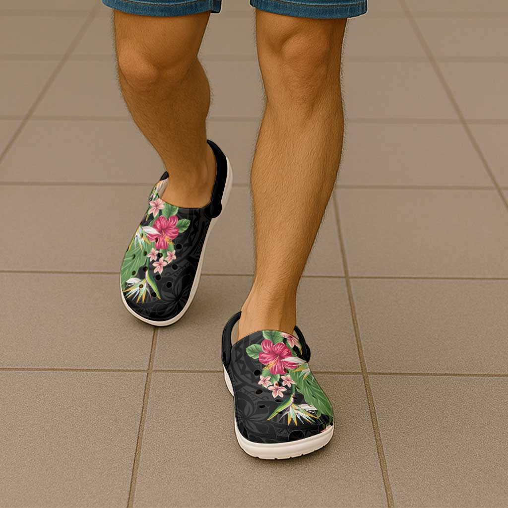 Hawaii Tropical Flowers Clogs Shoes Polynesian Tattoo Black LT05 - Polynesian Pride