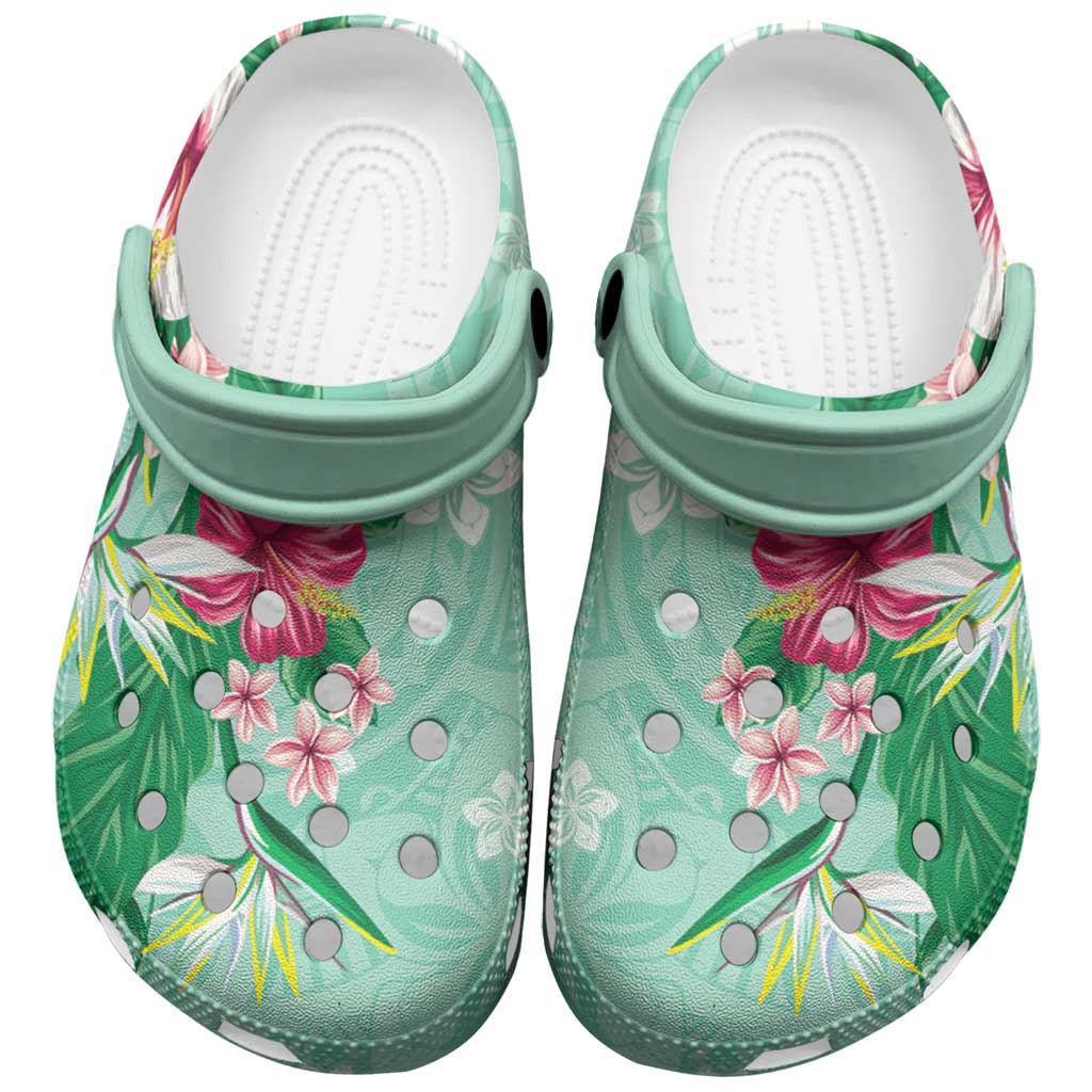Hawaii Tropical Flowers Clogs Shoes Polynesian Tattoo Mint Green