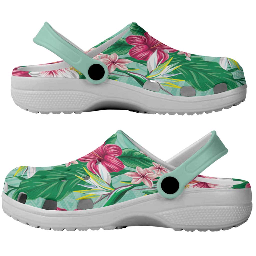Hawaii Tropical Flowers Clogs Shoes Polynesian Tattoo Mint Green