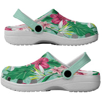 Hawaii Tropical Flowers Clogs Shoes Polynesian Tattoo Mint Green