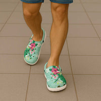 Hawaii Tropical Flowers Clogs Shoes Polynesian Tattoo Mint Green