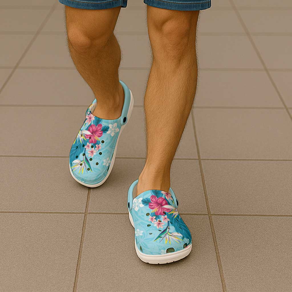 Hawaii Tropical Flowers Clogs Shoes Polynesian Tattoo Sky Blue LT05 - Polynesian Pride