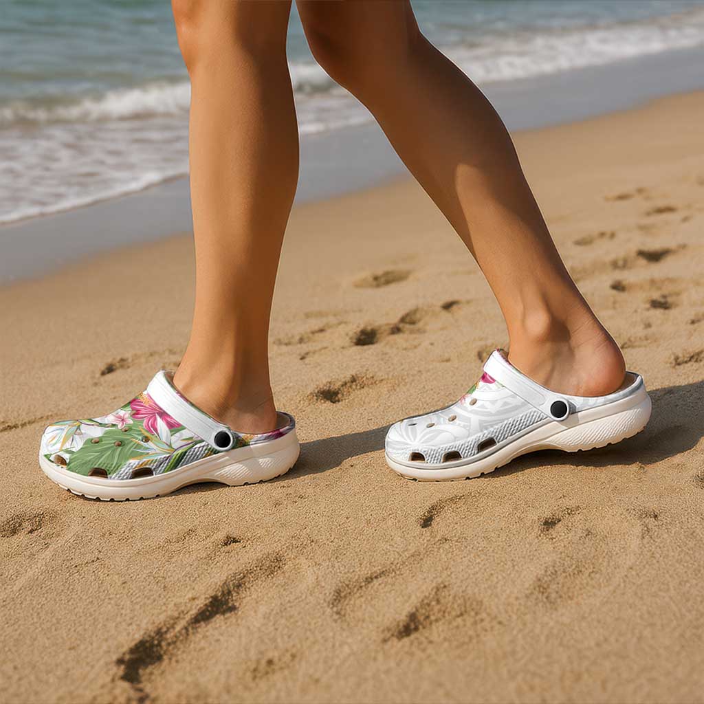 Hawaii Tropical Flowers Clogs Shoes Polynesian Tattoo White LT05 - Polynesian Pride