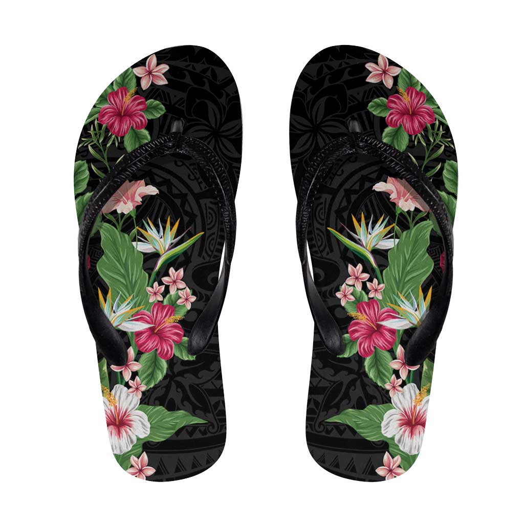 Hawaii Tropical Flowers Flip Flops Polynesian Tattoo Black LT05 Black - Polynesian Pride