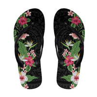 Hawaii Tropical Flowers Flip Flops Polynesian Tattoo Black LT05 Black - Polynesian Pride