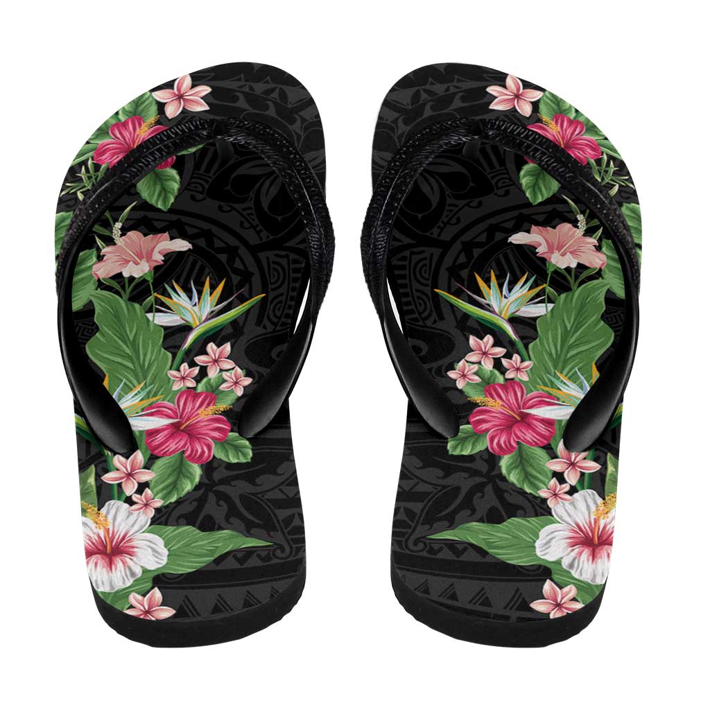 Hawaii Tropical Flowers Flip Flops Polynesian Tattoo Black LT05 - Polynesian Pride